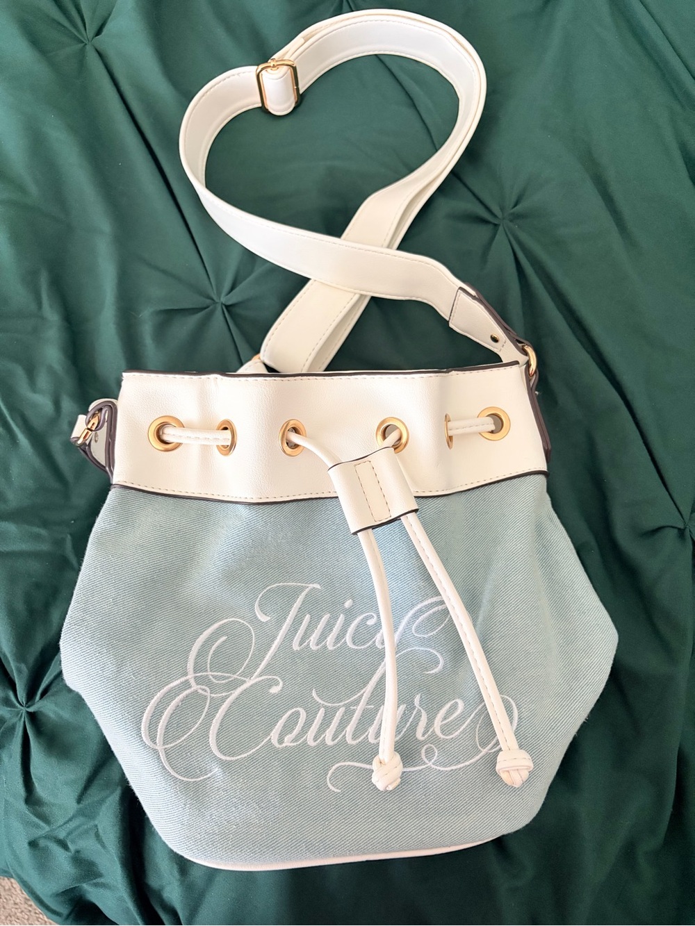 Juicy Couture Mint Canvas and White Leather Drawstring Shoulder Bag